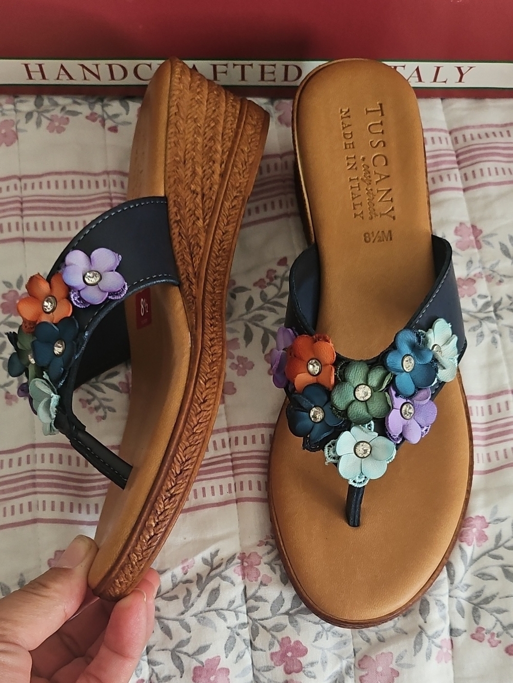 easy street Navy Wedge Sandals with Multicolor Floral Accents